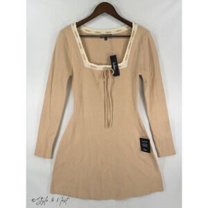 Lulus Definitely Sweet Beige Scalloped Long Sleeve Sweater Dress Large NWT